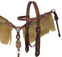 Showman ® Painted Tooling Headstall and Breast collar set with Horse Hair Fringe