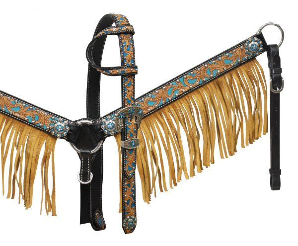 Showman ® turquoise inlay and light tooling and natural suede fringe