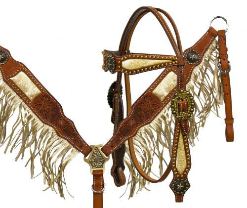 Showman ® Argentina cow leather Gold fringe headstall and breast collar set with star conchos