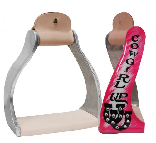 Showman ® Lightweight twisted angled aluminum stirrups with painted " Cowgirl Up" design. SH175955
