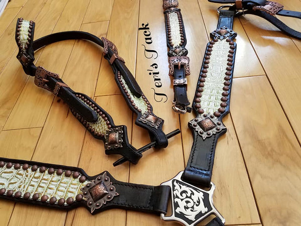 Black w/ Lime Green & Gold overlay Custom Tack Set w/ plain conchos w/ witherstrap