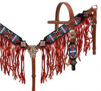 Showman ® Navajo embroidered headstall and breast collar set with metallic fringe
