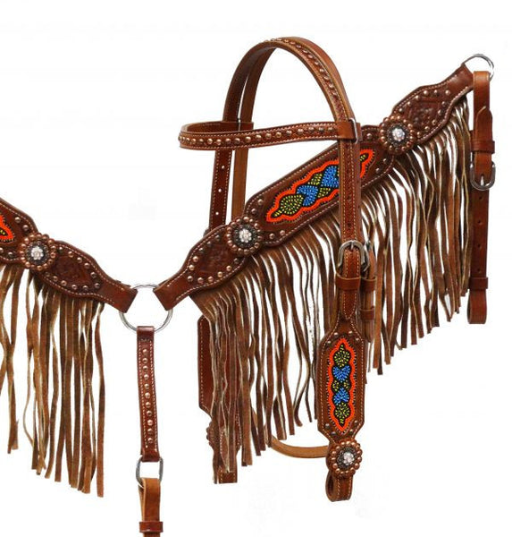 Showman ® Medium leather headstall and breast collar set with multi colored beaded design and fringe