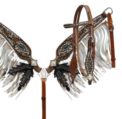 Showman ® Metallic painted headstall and fringe breast collar set