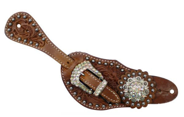 Showman™ Ladies Tooled Leather Spur Straps with Crystal Rhinestone Hardware and conchos SH7132
