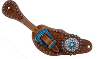 Showman™ Ladies Tooled Leather Spur Straps with Blue Rhinestone Hardware and conchos SH7133
