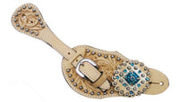 Showman™   Ladies Tooled Leather Spur Straps with Diamond Shaped Blue Rhinestone Conchos SH7137
