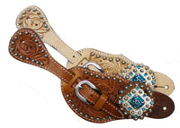 Showman™   Ladies Tooled Leather Spur Straps with Diamond Shaped Blue Rhinestone Conchos SH7137