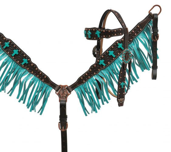 Showman® Turquoise cross headstall and breast collar set SH85032