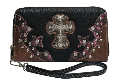 Black PU leather clutch wallet with crystal rhinestone cross SHBC2660-A